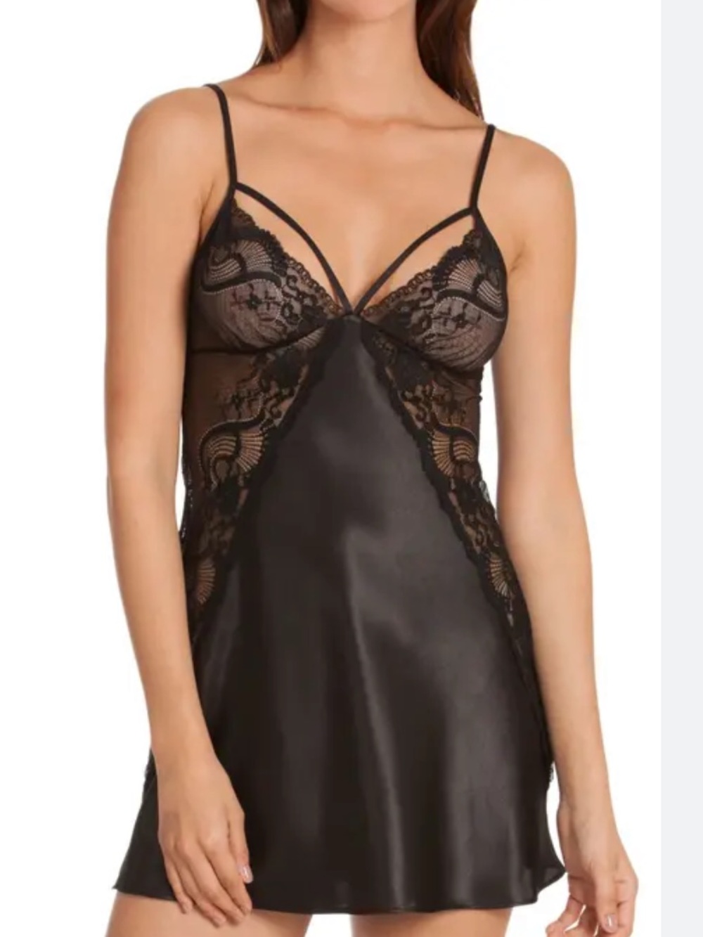 Black Lace Satin Chemise In Bloom by Jonquil